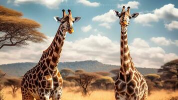 Two giraffes standing next to each other in a field with trees in the background. Generative AI photo