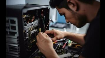 computadora técnico, trabajando con destornillador en Servicio centro. generativo ai foto