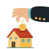 Hand putting coin in house piggy bank vector