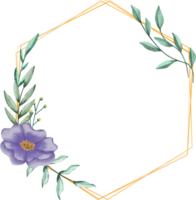 Flower and leaves on gold hexagon frame png