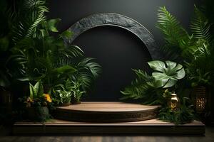 Wooden podium for product presentation with tropical leaves on background. Display for new product, promotion sale, banner, presentation, advertising. Ai generative photo