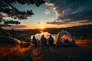 Group of friends sitting together around campfire on the mountains, enjoying fresh air and beautiful view near the tent. Camping, travel, holiday and family trip concept. Ai generative photo