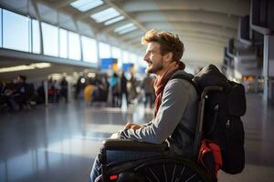 discapacitado masculino viajero que lleva mochila sentado en silla de ruedas a el aeropuerto. ai generativo foto