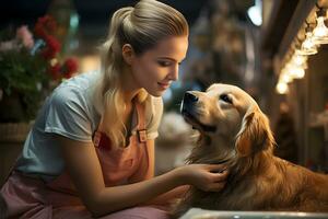 Female washing and cleaning a golden retriever at home. Keeping your animals clean and healthy concept. Generative Ai. photo