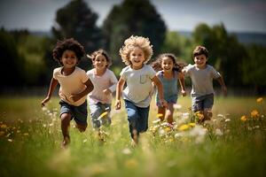 Multiracial group of various diverse children running and play to gether in park and smiling for the camera. Cute boy and girl looking at the camera. Ai photo