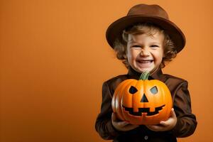 contento niños sostener un calabaza en Víspera de Todos los Santos fiesta, estudio disparo., Copiar espacio. ilustración, generativo ai foto