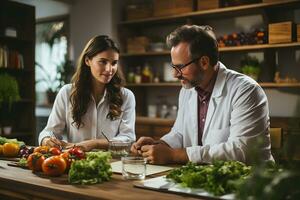 Male nutritionist gives consultation to patient on healthy fruits and vegetables. proper nutrition and dining concept. Generative AI photo