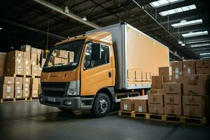 cargando carga para camiones, distribución almacenes y industrial transporte logística cargando cartulina cajas dentro camiones logística y distribución instalaciones para producto entrega. generativo ai foto
