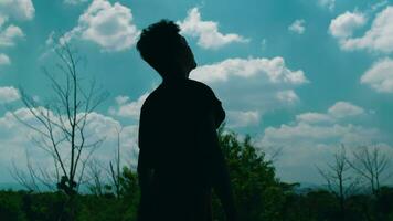 silhouette di un asiatico uomo pensieroso e pensiero contro un' sfondo pieno di nuvole e un' blu cielo video
