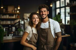 retrato de feliz, sonriente baristas Pareja vistiendo delantal en café tienda. generativo ai, ilustración foto