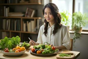 Female nutritionist gives consultation to patient on healthy fruits and vegetables. proper nutrition and dining concept. Generative Ai photo