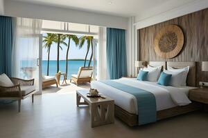 Sea view bedroom with comfy bed, beach bed at the terrace, natural light and  tropical plants in luxury beach house or modern villa. Home interior, tropical resort concept. Generative Ai, illustration photo