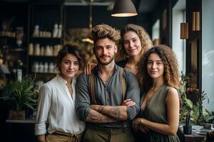 grupo de de moda hombre y mujer mirando a el cámara, retrato de amigos grupo sonriente en café tienda. amistad, , estilo de vida concepto. ai generativo foto