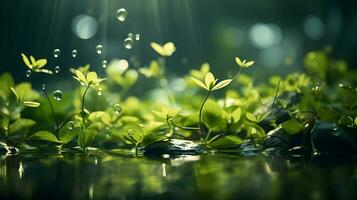 verde hojas en el jardín durante verano debajo luz de sol con Bokeh. y agua gota. naturaleza de verde hoja en parque. primavera antecedentes cubrir página ambiente ecología o verdor fondo de pantalla. ai generativo foto