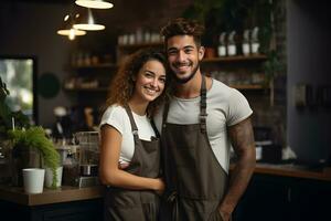 Portrait of happy, smiling baristas couple wearing apron in coffee shop. Ai generative photo