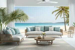 Sea view living room with comfortable sofa, white wall, marble floor, tropical plants in luxury beach house, modern villa Home interior, tropical resort concep. Generative Ai photo