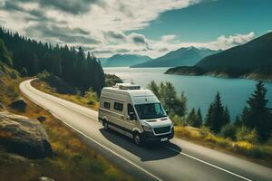 Campervan on the road with beautiful nature landscape. Motorhome camper van RV road trip. People on travel vacation adventure. Ai generative photo