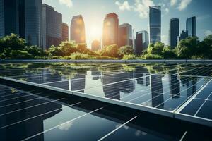 Solar panels on a roof in the city. Green rooftop garden with renewable solar cell system. Ecology and eco green energy, green city, save protection world concept. Generative Ai photo