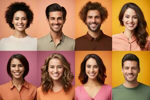 Collage of portraits and faces of smiling multiracial group of various young diverse people for profile picture on colorful background. Diversity concept. Generative Ai. photo