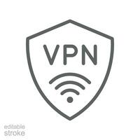 Vpn icon. Virtual Private Network Internet Security. Simple shield with Protection wi-fi. Active safety. Firewall. outline style Editable stroke. Vector illustration Design on white background. EPS 10