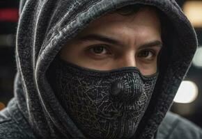 Close Up Portrait Of Young Man In Hoodie And Mask. photo