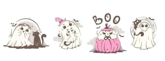 Clipart set with cute kawaii ghosts and cats. Halloween character vector illustration in pink retro colors.