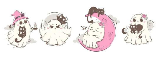 Clipart set with cute kawaii ghosts and cats. Halloween character vector illustration in pink retro colors.