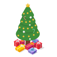 Isometric christmas tree with gift boxes and decorations png