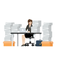 Busy overworked woman sitting at table with laptop and pile of papers png