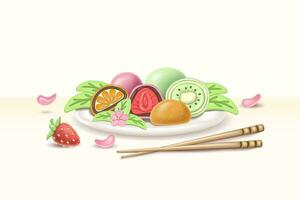 3d realistic Japanese multicolored dessert Daifuku Mochi with strawberry, orange and kiwi on a plate. a whole and half a cake in rice dough. Serving dish with sakuri flowers and hashi vector