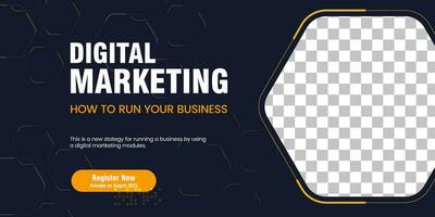 Digital marketing banner concept design and Dark blue abstract banner with Hexagon shapes water mark, used for Business webinar horizontal banner template vector