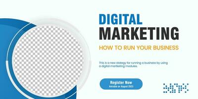 A Blue Abstract curve banner design with black and white background. Digital marketing concept webinar horizontal banner vector