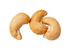 Top view of three Roasted brown cashew nuts in stack isolated with clipping path in png file format Close up photo