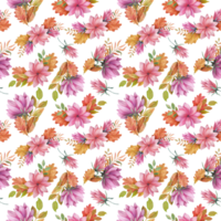 Fall Autumn Seamless Pattern. Watercolor Fall Flowers and Leaves png