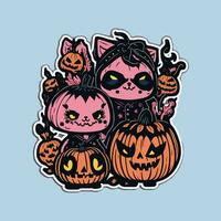 Cute and creepy black cats illustration.Autumn stickers with Halloween collection in hand drawn style. vector