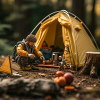 Comedy in Wilderness - Hiker's Amusing Attempt at Toy Tent Pitching AI Generative photo