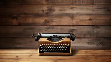 Vintage typewriter on rustic wooden background photo