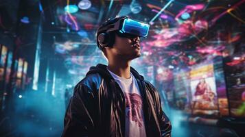 Immersion into the virtual and augmented realities highlighting the marvel of technology and fusion of reality with the digital realm AI Generative photo