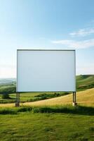 Rural tranquility featuring a blank billboard frame against rolling hills, untapped advertising potential photo