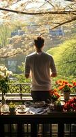 Man embracing a serene morning routine on a sunlit balcony overlooking a vibrant spring garden AI Generative photo
