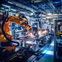 Vibrant display of intricate machinery on a modern, automated factory floor photo