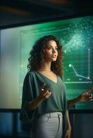 Young professional woman making a presentation on a large screen with ample bottom copyspace AI Generative photo