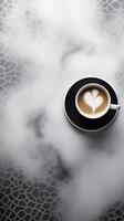 Aerial View of Steaming Coffee Cup on Geometrically Patterned Surface with Ample Copy Space photo