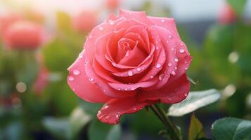 Stunning macro shot of a dew-kissed rose in full bloom with dreamy blurred background and copy space AI Generative photo