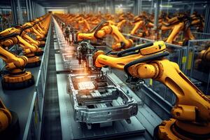 Overhead view of robotic precision on an automotive assembly line photo