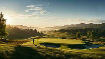 Experience of Golf Amidst the Vast Expanse of Nature and Beautifully Lit Landscape AI Generative photo