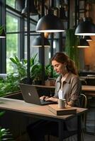 Woman working with digital devices in a co-working space with top-side copyspace filled with ambient light AI Generative photo