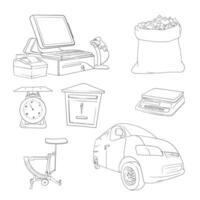 Hand drawn of cashier computer, bag, scales, post box, and car for post day template design vector