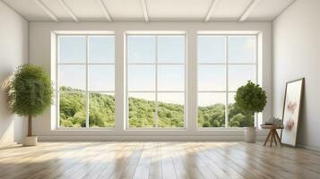 White empty room with summer landscape in window. Generative AI photo