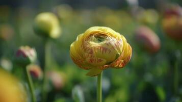 Close up shot of a beautiful blossoming ranunculus bud in the field. Persian buttercup flower farm at springtime blooming season. AI Generative photo